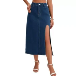 Women's Jean Skirts Slit High Waist A-Line Thigh Split Midi Denim Skirt -Fashion Clothing Store 7819163 Dark Blue