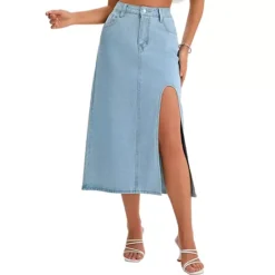 Women's Jean Skirts Slit High Waist A-Line Thigh Split Midi Denim Skirt -Fashion Clothing Store 7819163 Light Blue
