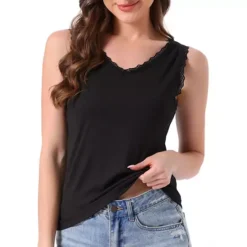 Women's Camisole Lacework Trim Modal Tank Tops Ruched Ribbed Knit V Neck Sleeveless Undershirt Cami 11 Women's Camisole Lacework Trim Modal Tank Tops Ruched Ribbed Knit V Neck Sleeveless Undershirt Cami -Fashion Clothing Store 7819597 Black 1