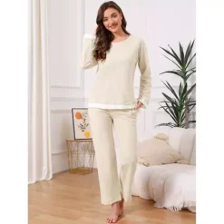 Women's Waffle Cotton Pajamas Long Sleeve With Pants 2 Piece Matching Lounge Sets With Pockets -Fashion Clothing Store 7819647 ALT2