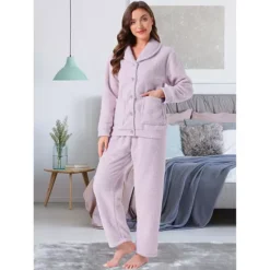 Women's Fleece Sleepwear Winter Button Down Fuzzy Plush Soft Warm Pajama Sets With Pockets -Fashion Clothing Store 7819678 ALT2