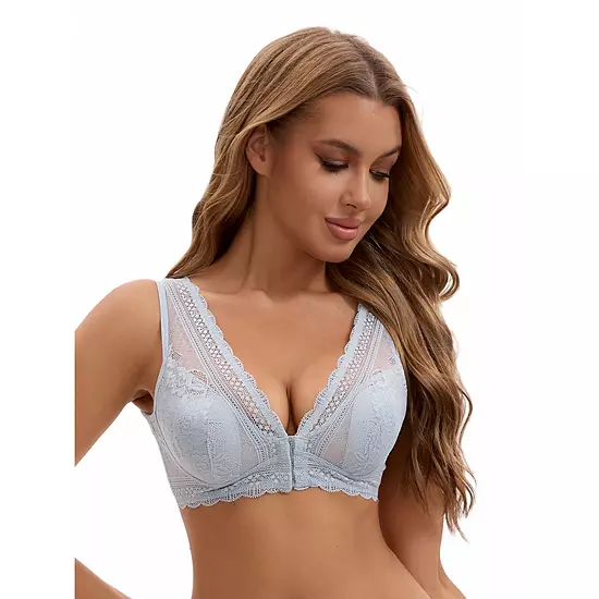 Women's Deep V Neck Lace Sheer Front Closure Wirefree Tank Back Training Plunge Bras 3 Women's Deep V Neck Lace Sheer Front Closure Wirefree Tank Back Training Plunge Bras - Image 3