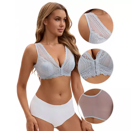 Women's Deep V Neck Lace Sheer Front Closure Wirefree Tank Back Training Plunge Bras 4 Women's Deep V Neck Lace Sheer Front Closure Wirefree Tank Back Training Plunge Bras - Image 4