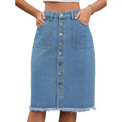 Women's Denim Skirt Button Down Summer Casual H-Line Knee Length Jean Skirts 15 Women's Denim Skirt Button Down Summer Casual H-Line Knee Length Jean Skirts -Fashion Clothing Store 7827123 Blue
