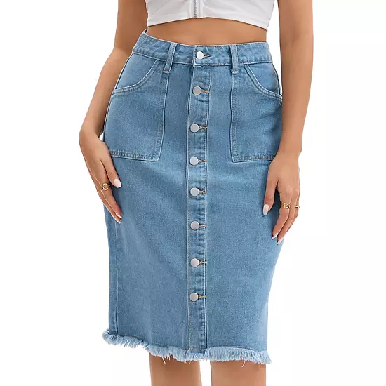 Women's Denim Skirt Button Down Summer Casual H-Line Knee Length Jean Skirts 8 Women's Denim Skirt Button Down Summer Casual H-Line Knee Length Jean Skirts - Image 8