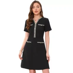 Work Dress For Women's V Neck Short Sleeves Tweed Trim Dressy Office A-Line Dresses