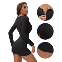 Women's Long Sleeves Shapewear Tummy Control Front Zipper Ribbed Boyshorts Leotard Jumpsuit -Fashion Clothing Store 7827141 ALT3