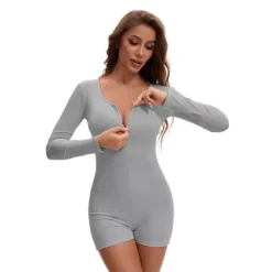 Women's Long Sleeves Shapewear Tummy Control Front Zipper Ribbed Boyshorts Leotard Jumpsuit -Fashion Clothing Store 7827141 Grey 1