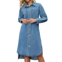 Women's Denim Dress Button Down Curved Hem Fall Long Sleeve Midi Jean Shirt Dresses -Fashion Clothing Store 7828042 Light Blue 1