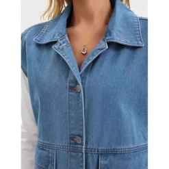 Women's Oversized Denim Vest Collared Button Down Sleeveless Long Jean Jacket -Fashion Clothing Store 7828287 ALT3