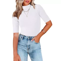 Women's Mock Neck Sweater Lightweight Slim Fit Half Sleeve Knit Pullover Tops 11 Women's Mock Neck Sweater Lightweight Slim Fit Half Sleeve Knit Pullover Tops -Fashion Clothing Store 7828288 White