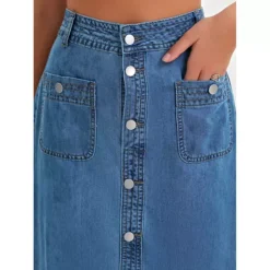 Women's Denim Skirt Button Down Front Slit With Pockets High Waist Pencil Skirt Midi Jean Skirts -Fashion Clothing Store 7828289 ALT3
