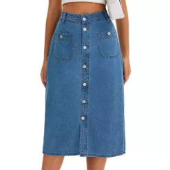 Women's Denim Skirt Button Down Front Slit With Pockets High Waist Pencil Skirt Midi Jean Skirts -Fashion Clothing Store 7828289 Blue
