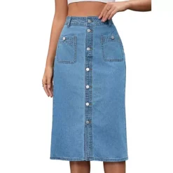Women's Denim Skirt Button Down Front Slit With Pockets High Waist Pencil Skirt Midi Jean Skirts -Fashion Clothing Store 7828289 Light Blue 1