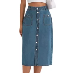 Women's Denim Skirt Button Down Front Slit With Pockets High Waist Pencil Skirt Midi Jean Skirts -Fashion Clothing Store 7828289 Retro Blue