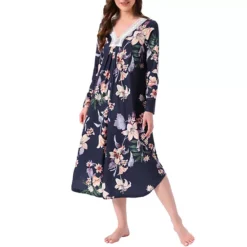 Women's Floral Nightgowns Long Sleeves House Dresses Sleepwear Nighshirts -Fashion Clothing Store 7828324 Blue