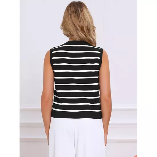 Striped Sweater Vest For Women's V Neck Button Up Sleeveless Knit Vests Top 2 Striped Sweater Vest For Women's V Neck Button Up Sleeveless Knit Vests Top - Image 2