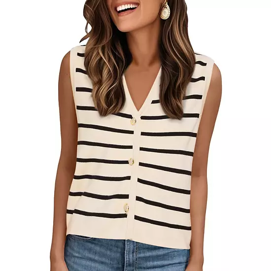 Striped Sweater Vest For Women's V Neck Button Up Sleeveless Knit Vests Top 6 Striped Sweater Vest For Women's V Neck Button Up Sleeveless Knit Vests Top - Image 6