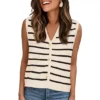 Striped Sweater Vest For Women's V Neck Button Up Sleeveless Knit Vests Top
