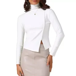 Women's Turtleneck Knit Top Asymmetric Slim Fit Basic Thermal Shirts