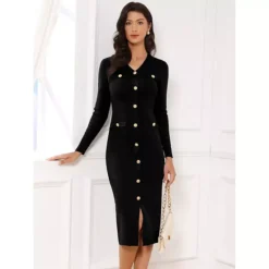 Bodycon Sweater Dress For Women's V Neck Long Sleeve Button Decor Knit Midi Dress -Fashion Clothing Store 7828397 ALT2