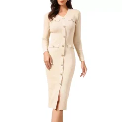 Bodycon Sweater Dress For Women's V Neck Long Sleeve Button Decor Knit Midi Dress -Fashion Clothing Store 7828397 Apricot 1