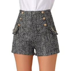 Women's Plaid Tweed High Waisted Wide Leg Button Decor Elegant Shorts