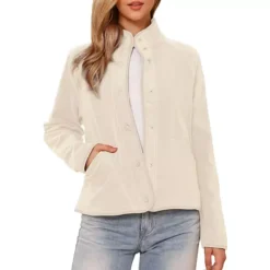 Women's Fleece Short Jacket Button Down Lightweight Long Sleeve Soft Fall Crop Jackets With Pockets -Fashion Clothing Store 7829164 Beige