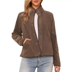 Women's Fleece Short Jacket Button Down Lightweight Long Sleeve Soft Fall Crop Jackets With Pockets