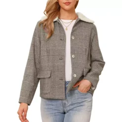 Houndstooth Jacket For Women's Peter Pan Collar Long Sleeve Button Down Vintage Winter Coat