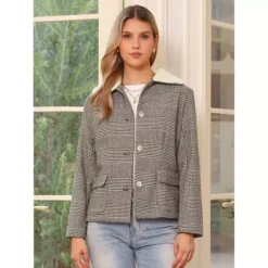 Houndstooth Jacket For Women's Peter Pan Collar Long Sleeve Button Down Vintage Winter Coat -Fashion Clothing Store 7830336 ALT2