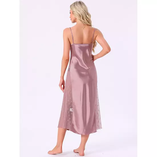 Women's Lingerie Satin Silky Lace Sleeveless V Neck Cami Spaghetti Strap Midi Chemise Nightgown 2 Women's Lingerie Satin Silky Lace Sleeveless V Neck Cami Spaghetti Strap Midi Chemise Nightgown - Image 2