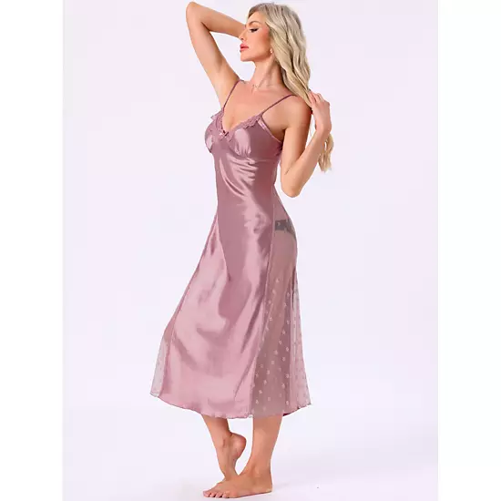 Women's Lingerie Satin Silky Lace Sleeveless V Neck Cami Spaghetti Strap Midi Chemise Nightgown 3 Women's Lingerie Satin Silky Lace Sleeveless V Neck Cami Spaghetti Strap Midi Chemise Nightgown - Image 3