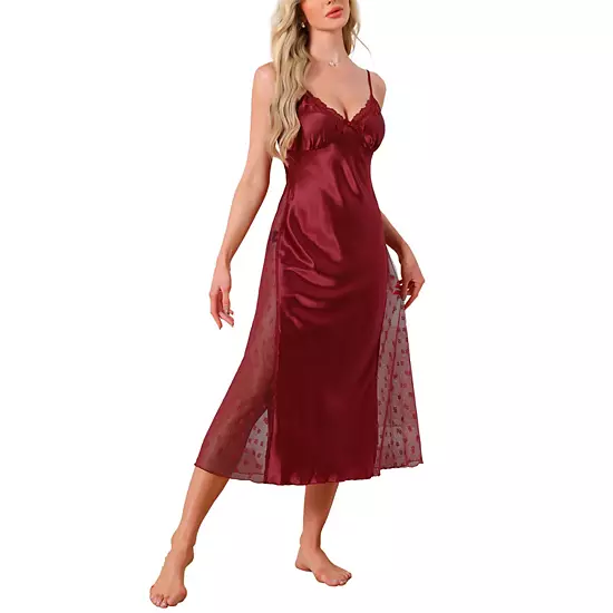 Women's Lingerie Satin Silky Lace Sleeveless V Neck Cami Spaghetti Strap Midi Chemise Nightgown 1 Women's Lingerie Satin Silky Lace Sleeveless V Neck Cami Spaghetti Strap Midi Chemise Nightgown