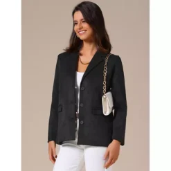 Women's Faux Suede Blazer Jacket Vintage Casual Button Down Long Sleeve Blazer With Pockets -Fashion Clothing Store 7830340 ALT2