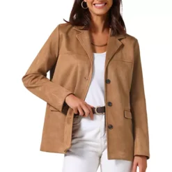 Women's Faux Suede Blazer Jacket Vintage Casual Button Down Long Sleeve Blazer With Pockets -Fashion Clothing Store 7830340 Brown
