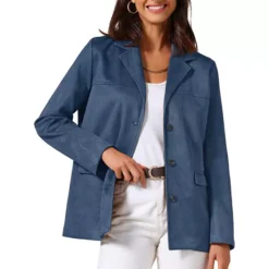 Women's Faux Suede Blazer Jacket Vintage Casual Button Down Long Sleeve Blazer With Pockets