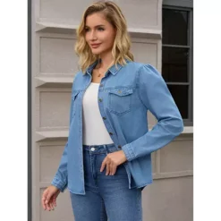 Women's Denim Shirt Puffy Long Sleeve Button Down Shirts With Pocket Casual Work Blouses Jean Top -Fashion Clothing Store 7830353 ALT2