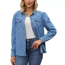 Women's Denim Shirt Puffy Long Sleeve Button Down Shirts With Pocket Casual Work Blouses Jean Top -Fashion Clothing Store 7830353 Blue