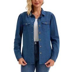 Women's Denim Shirt Puffy Long Sleeve Button Down Shirts With Pocket Casual Work Blouses Jean Top -Fashion Clothing Store 7830353 Dark Blue 1