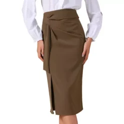 Women's Work Midi Skirt Straight Knot Split Hem High Waisted Skirts -Fashion Clothing Store 7830431 Coffee
