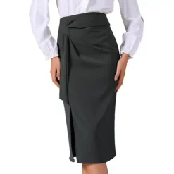 Women's Work Midi Skirt Straight Knot Split Hem High Waisted Skirts -Fashion Clothing Store 7830431 Grey