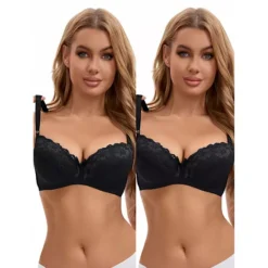 Women's 2 Pcs Lace Trim Full Coverage Adjustable Strap Push Up Convertible Bra 15 Women's 2 Pcs Lace Trim Full Coverage Adjustable Strap Push Up Convertible Bra -Fashion Clothing Store 7830433 Black 1