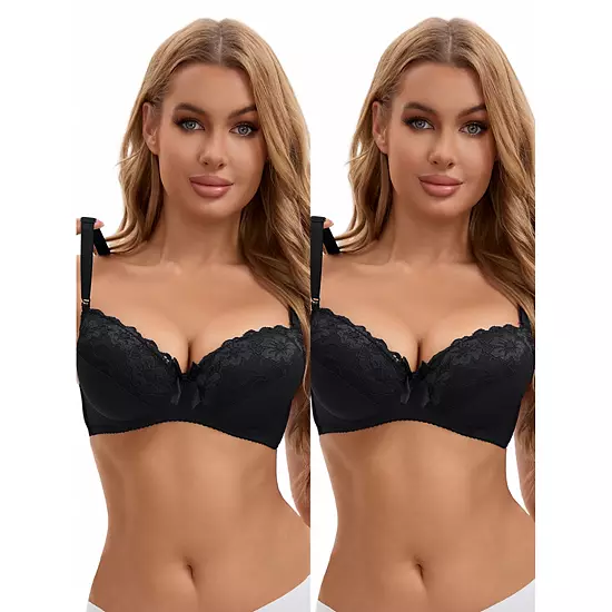 Women's 2 Pcs Lace Trim Full Coverage Adjustable Strap Push Up Convertible Bra 1 Women's 2 Pcs Lace Trim Full Coverage Adjustable Strap Push Up Convertible Bra