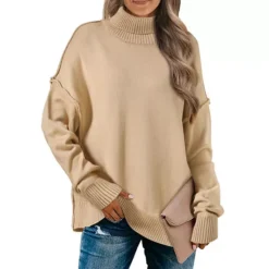 Women Pullover Sweaters Mock Neck Long Sleeve Casual Loose Oversized Sweater Tops -Fashion Clothing Store 7831688 Khaki 1