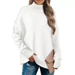 Women Pullover Sweaters Mock Neck Long Sleeve Casual Loose Oversized Sweater Tops -Fashion Clothing Store 7831688 White