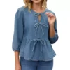 Women Denim Tops Tie Front Puffy Sleeve Ruffle Hem Peplum Blouse Jean Shirts