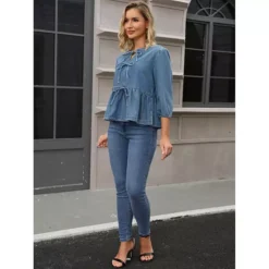 Women Denim Tops Tie Front Puffy Sleeve Ruffle Hem Peplum Blouse Jean Shirts -Fashion Clothing Store 7832079 ALT2