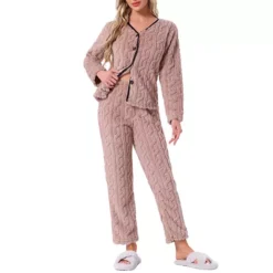 Women's Flannel Pajama Set Long Sleeve Button Down V Neck Fuzzy Fleece Pants Plush Loungewear
