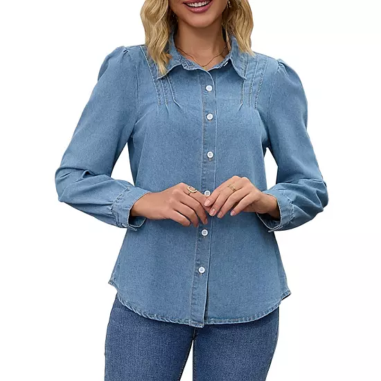 Women Denim Tops Pleated Front Puffy Long Sleeve Lightweight Button Down Jean Shirts 1 Women Denim Tops Pleated Front Puffy Long Sleeve Lightweight Button Down Jean Shirts
